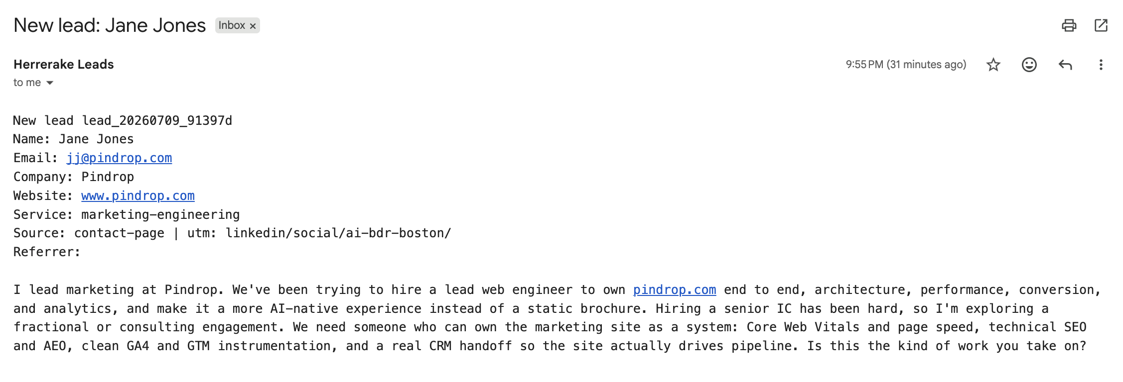 The inbound new-lead notification email from the worker, showing Jane Jones from Pindrop and her message