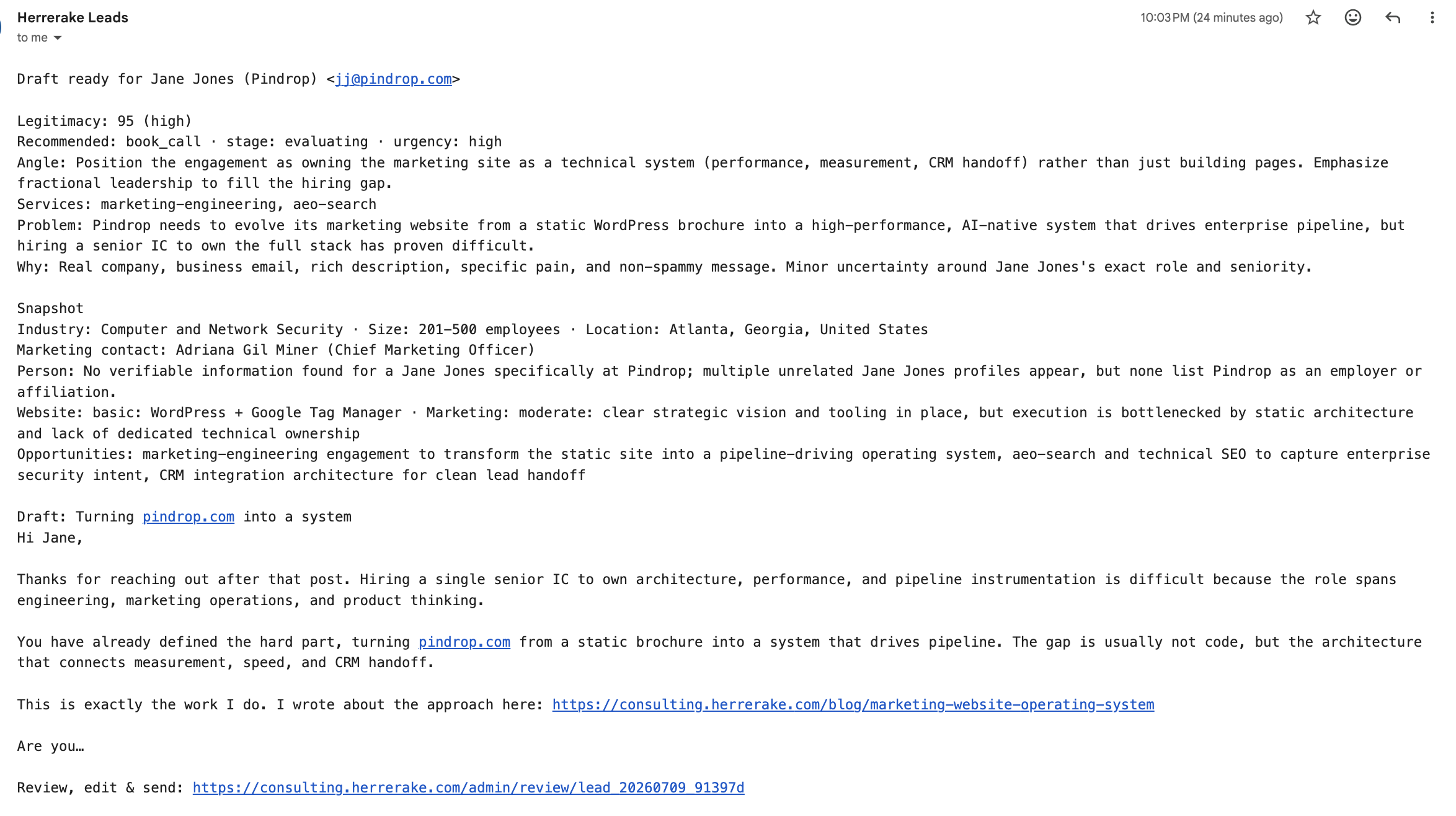The email I receive with the company research, the assessment, and a ready-to-send drafted reply