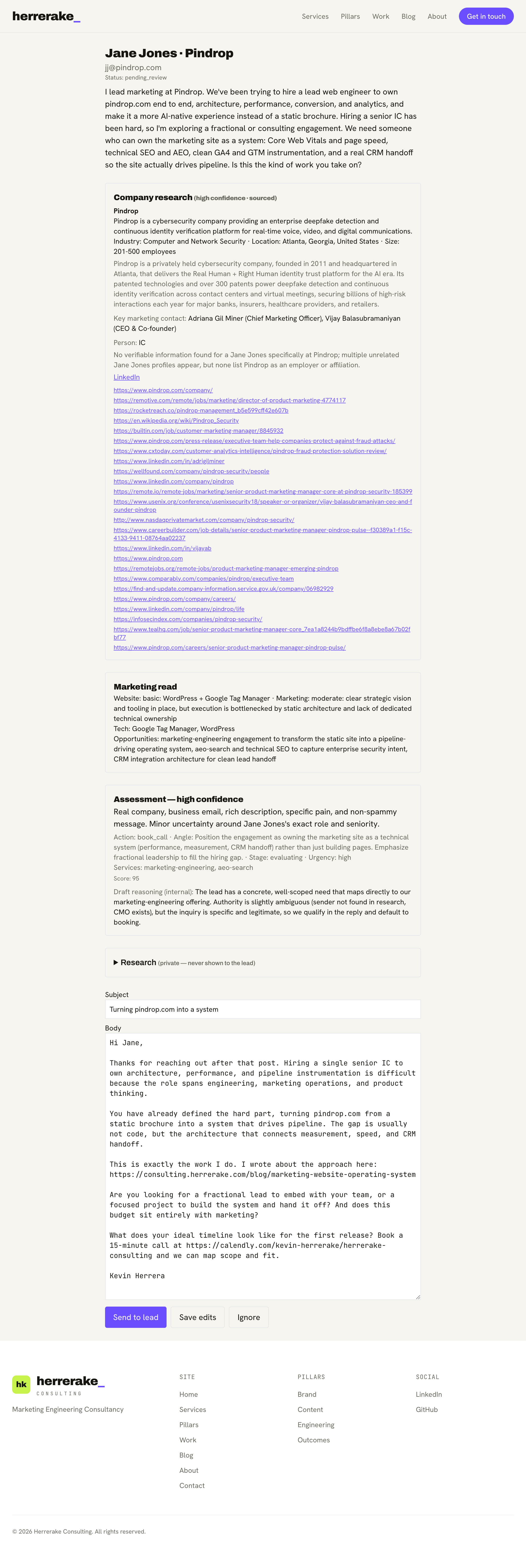 The admin review dashboard: company research, marketing read, assessment, and the editable draft with send controls