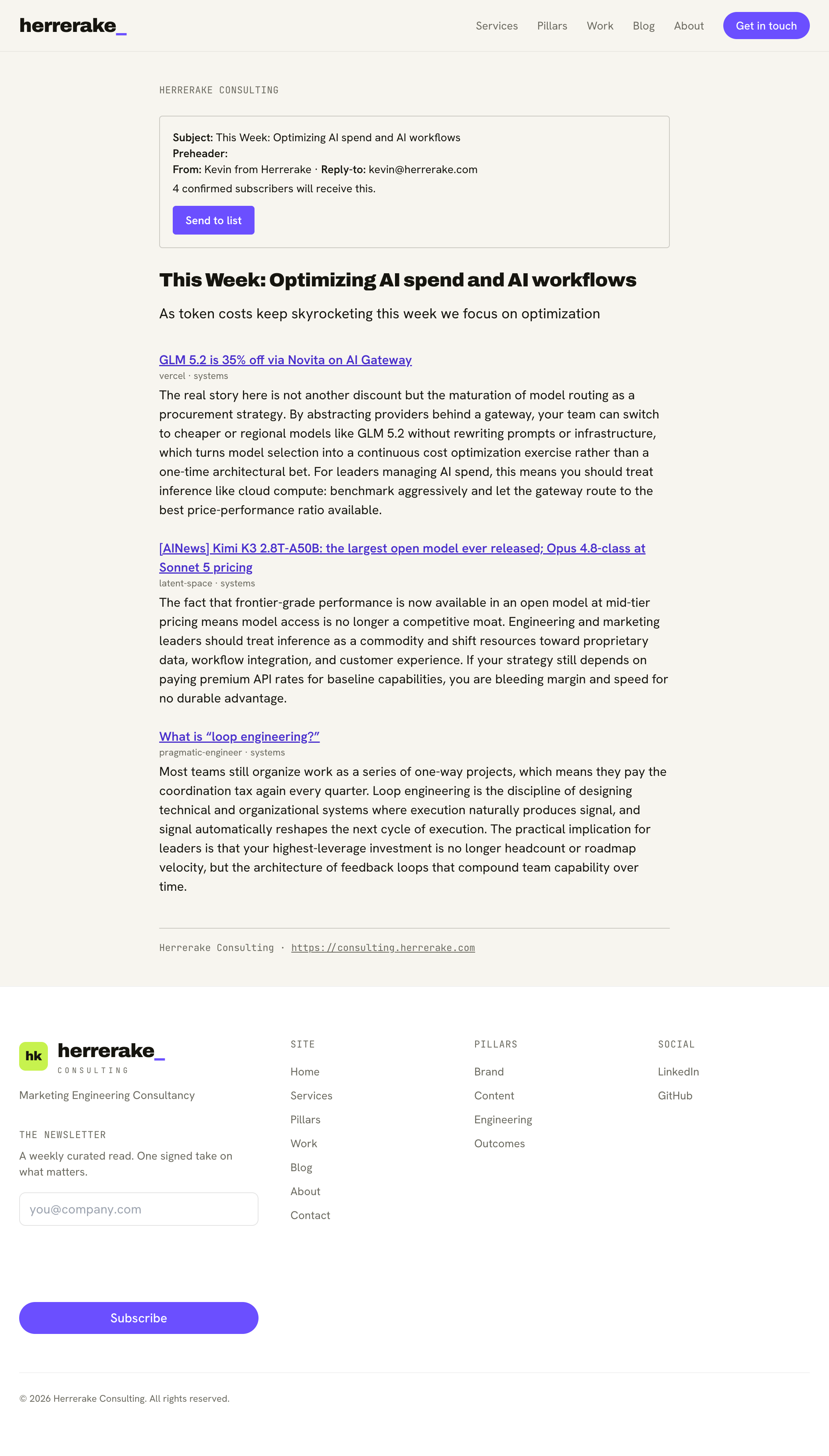 The finalized issue preview showing the subject, preheader, from and reply-to identity, a line reading four confirmed subscribers will receive this, and a single Send to list button