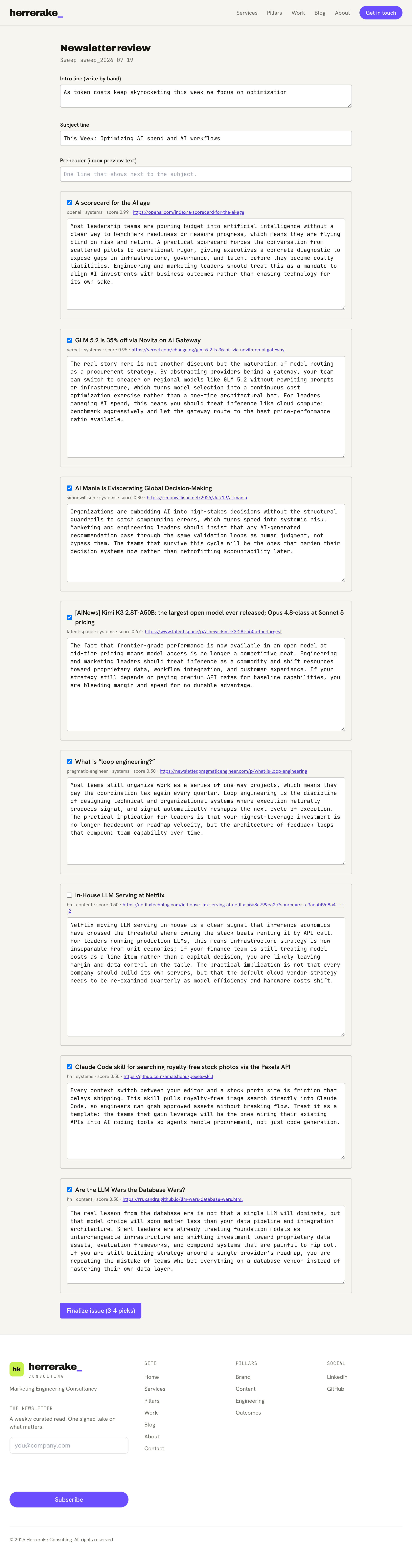 The newsletter review dashboard: an intro-line field, a subject line, a preheader, and a scored, editable candidate card for each story Austin surfaced, with a Finalize issue button at the bottom
