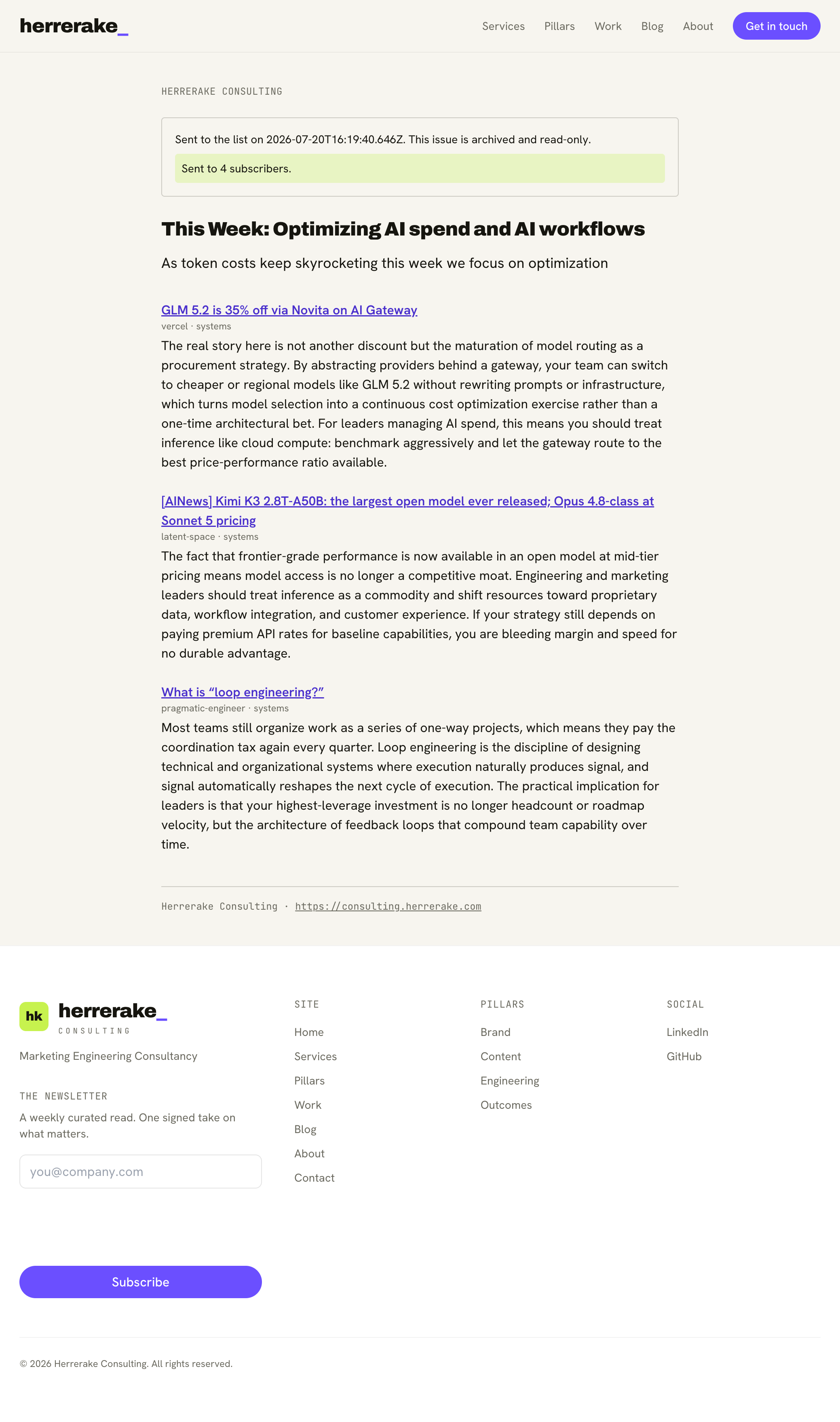 The archived issue view, marked sent to the list and read-only, with a banner reading sent to four subscribers above the published issue